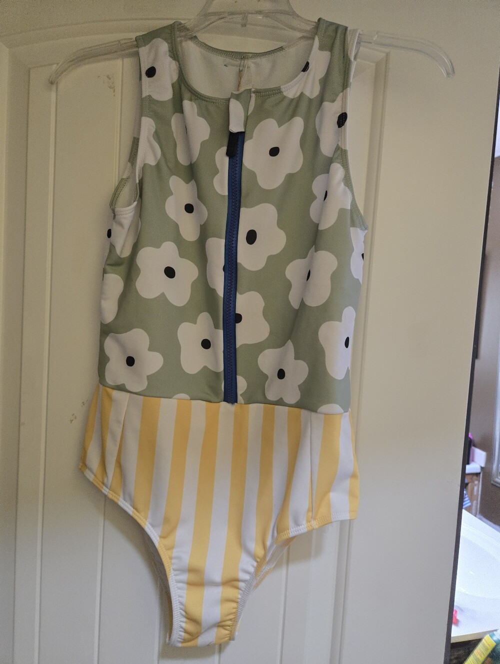 NWT Green Floral & Yellow Stripe One-Piece Zip-Up Swimsuit